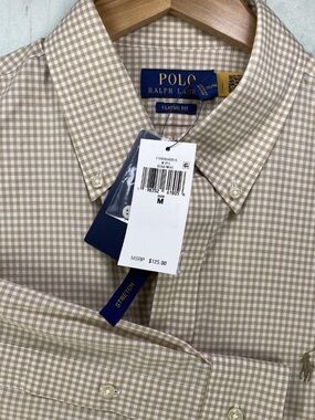Polo Ralph Lauren Shirt Mens Medium Beige Check Classic Fit Stretch NWT $125